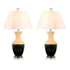 Striking Pair of Bamboo Lamps with Accents of Lucite, Nickel and Black Lacquer 7