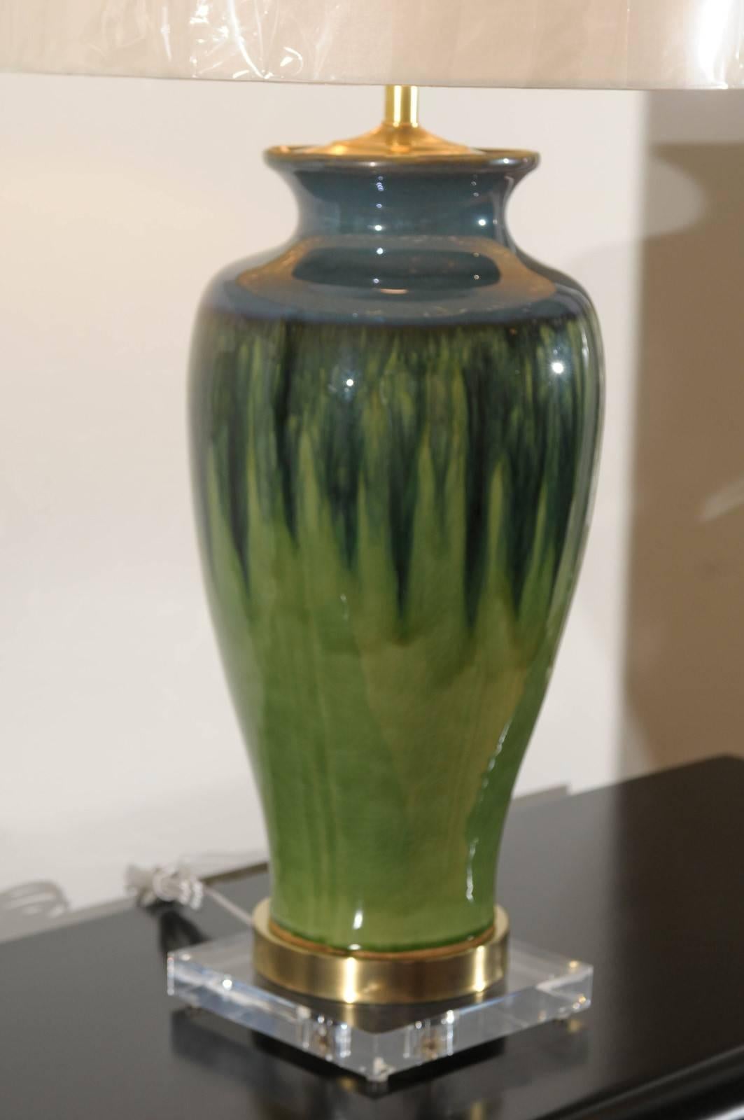 Lucite Fantastic Pair of Large-Scale Drip Ceramic Lamps with Blown Glass Finials For Sale
