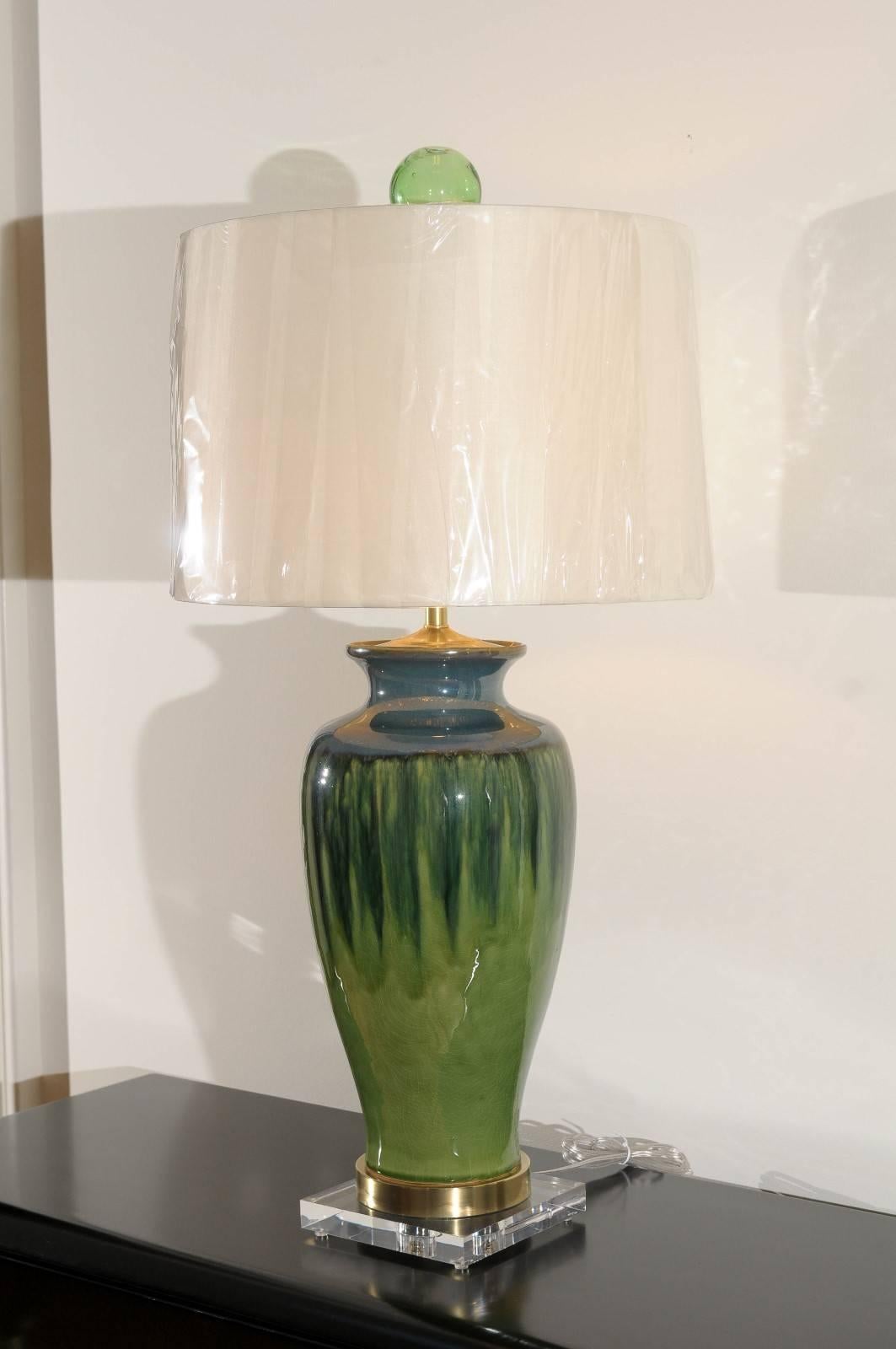 Fantastic Pair of Large-Scale Drip Ceramic Lamps with Blown Glass Finials For Sale 3