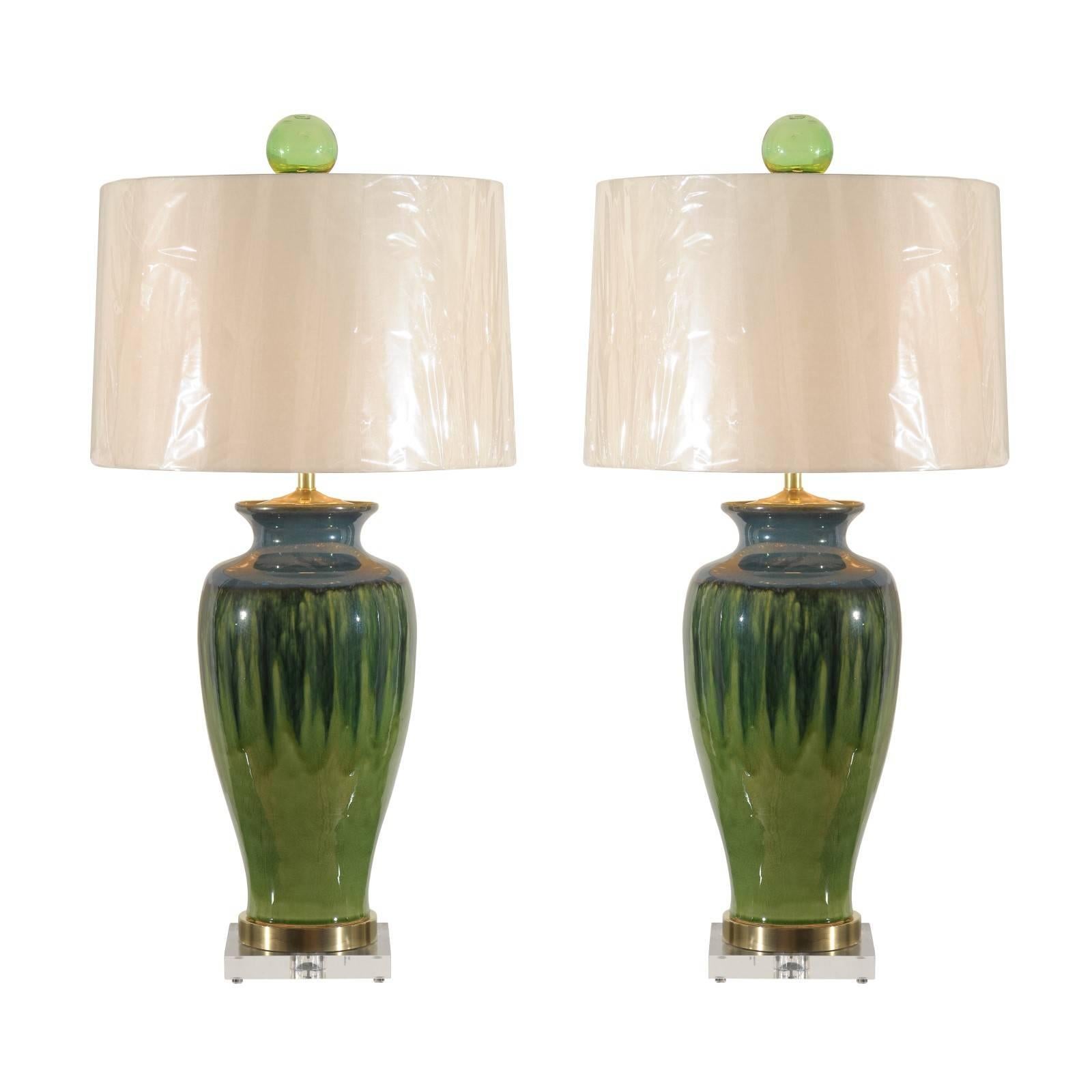 Fantastic Pair of Large-Scale Drip Ceramic Lamps with Blown Glass Finials For Sale