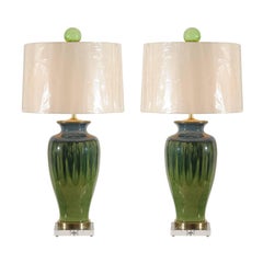 Vintage Fantastic Pair of Large-Scale Drip Ceramic Lamps with Blown Glass Finials