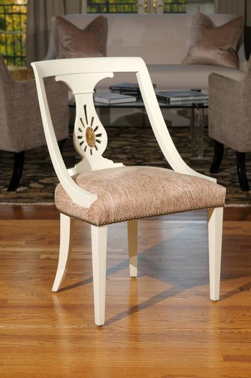 These magnificent dining chairs are shipped as professionally photographed and described in the listing narrative: meticulously professionally restored and completely installation ready. Expert custom upholstery service is available.

A fabulous set