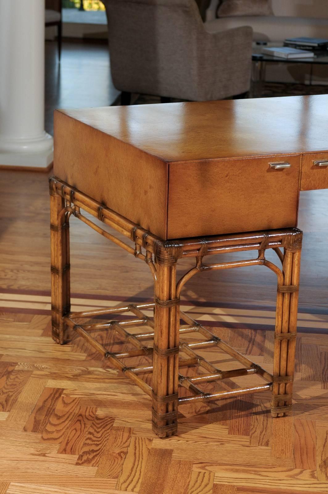 Mid-Century Modern Stunning Restored Vintage Double Pedestal Campaign Desk in Birdseye Maple 