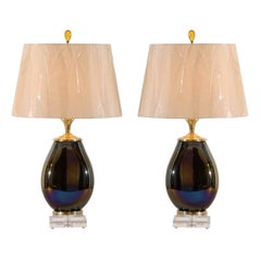 Mesmerizing Pair of Iridescent Blown Glass Lamps with Brass and Lucite Accents