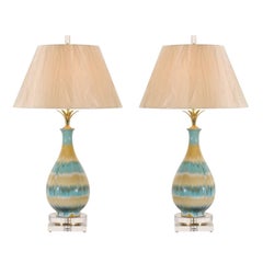 Chic Pair of Large-Scale Drip Glaze Ceramic Lamps in Caramel and Sultanabad Blue