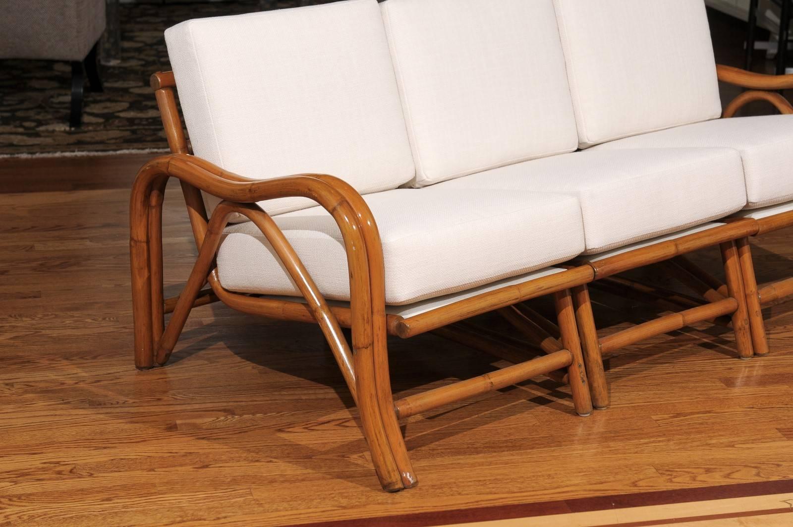 Fantastic Restored Vintage Modern Rattan Three-Seat Sofa In Excellent Condition For Sale In Atlanta, GA