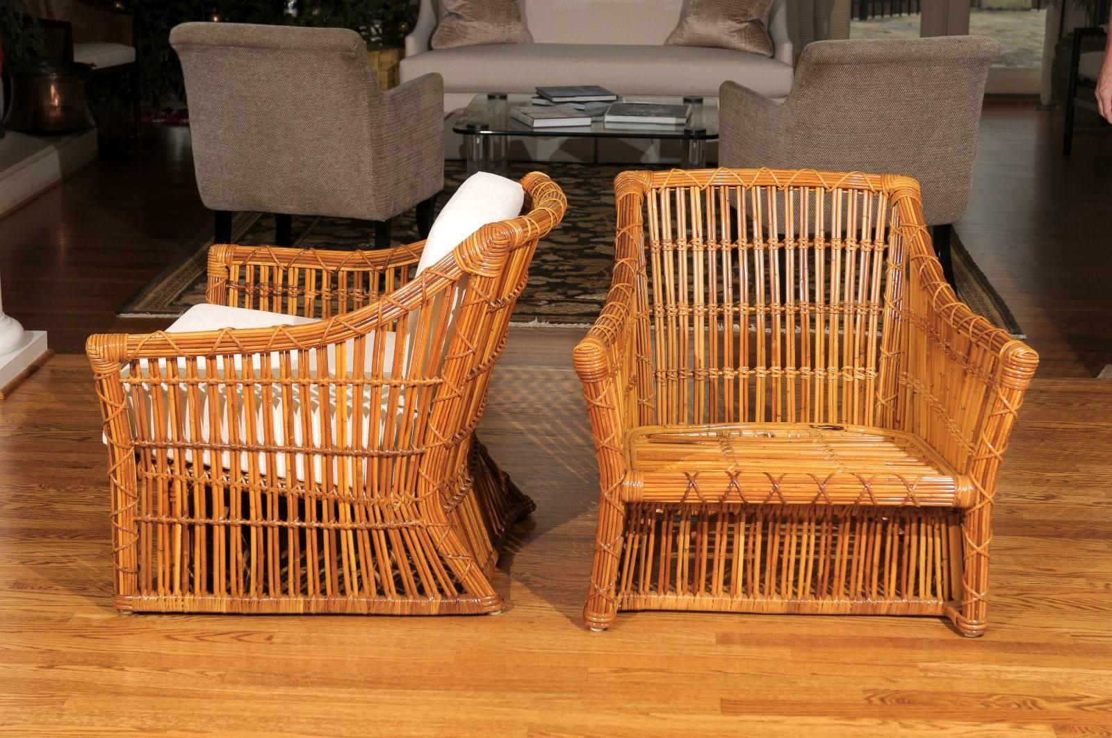 Magnificent Pair of Restored Vintage Rattan Club Chairs by McGuire For Sale 1