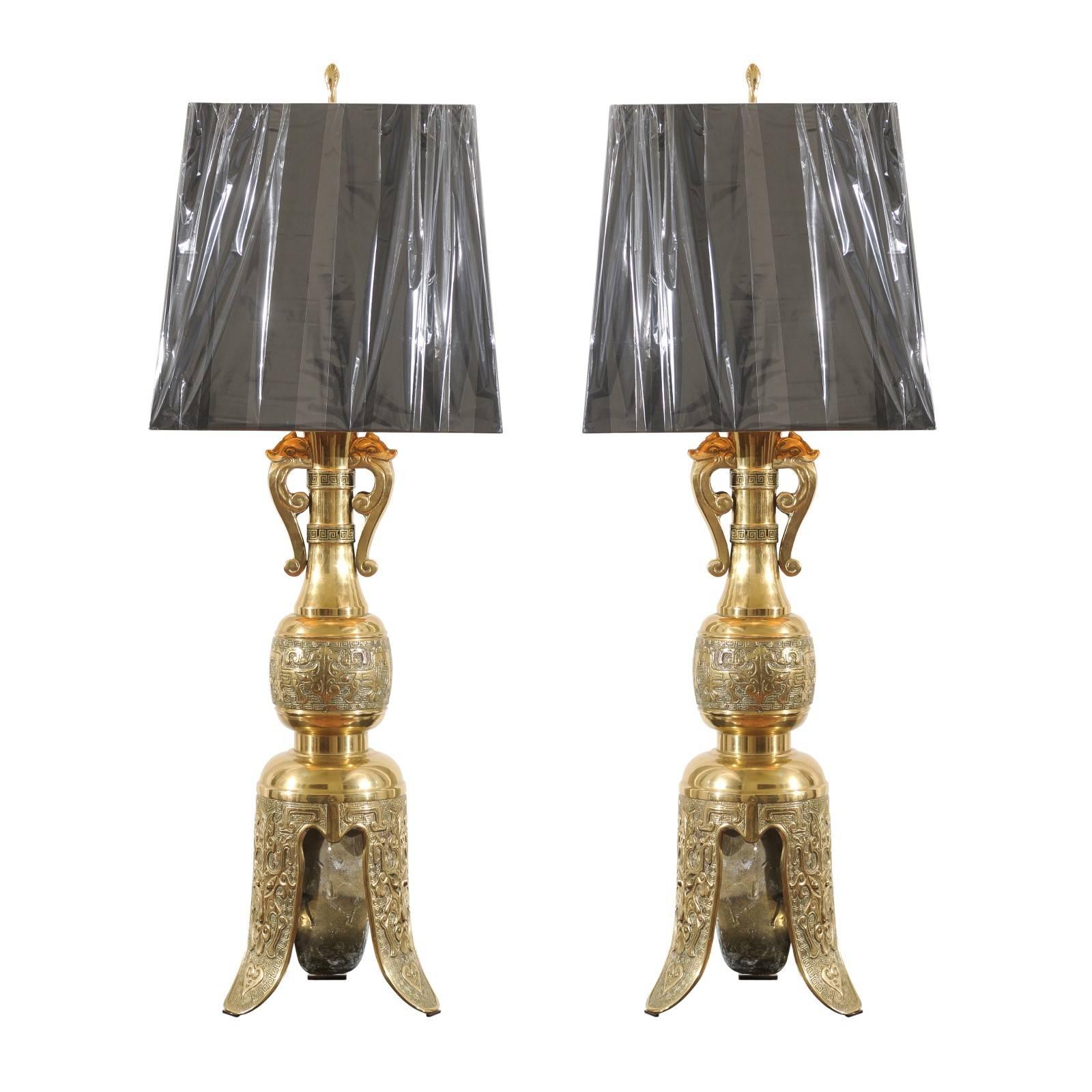 Majestic Pair of Mid-Century Brass Lamps with Spectacular Helmet Style Base For Sale