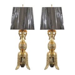 Retro Majestic Pair of Mid-Century Brass Lamps with Spectacular Helmet Style Base