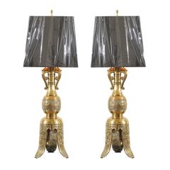 Majestic Pair of Mid-Century Brass Lamps with Spectacular Helmet Style Base 2