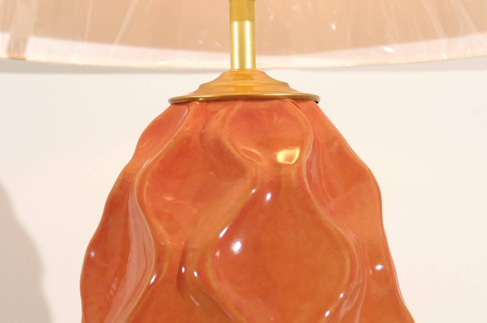 Dazzling Pair of Large-Scale Faceted Ceramic Lamps in Aged Orange In Excellent Condition For Sale In Atlanta, GA