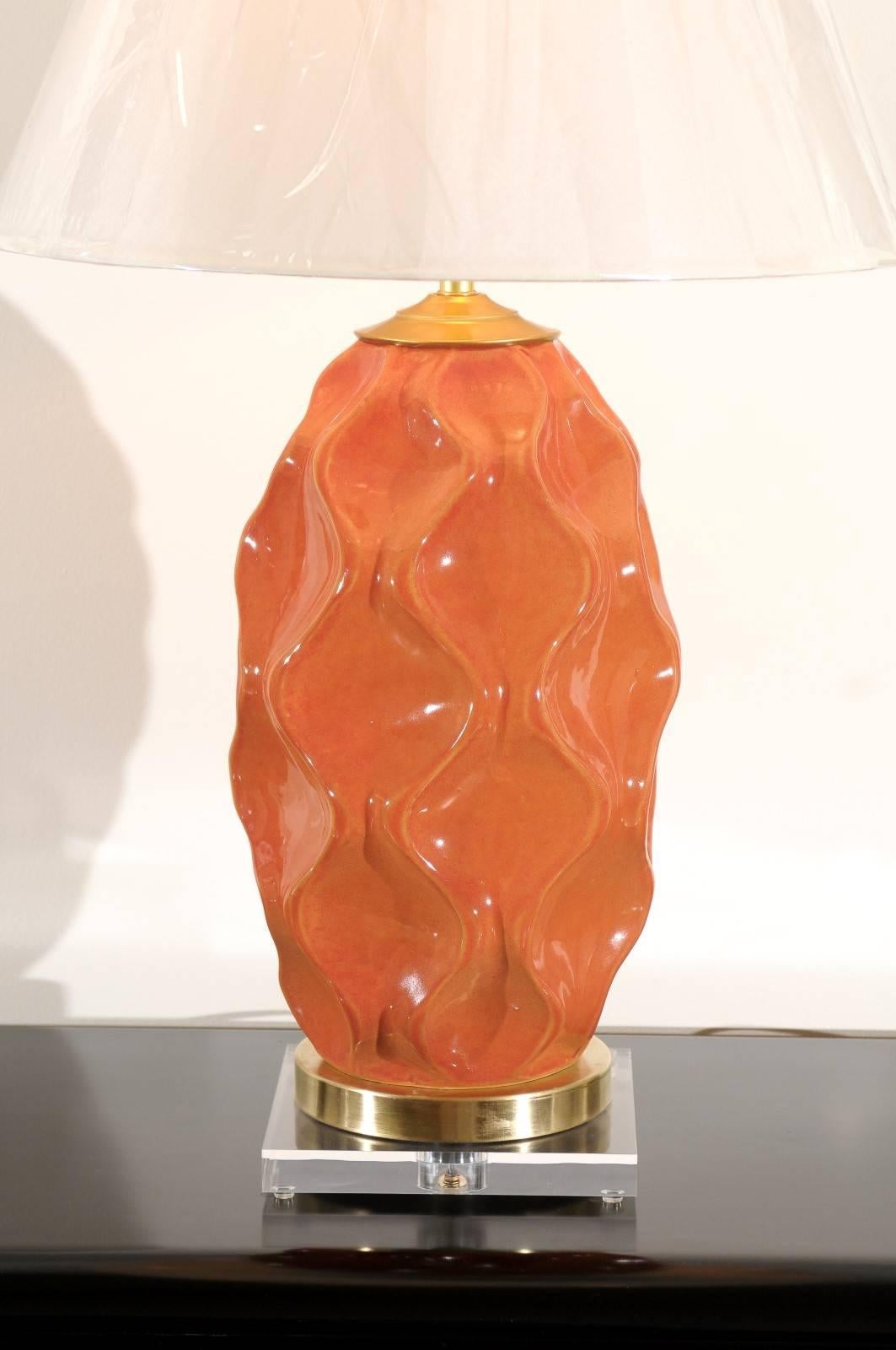Late 20th Century Dazzling Pair of Large-Scale Faceted Ceramic Lamps in Aged Orange For Sale