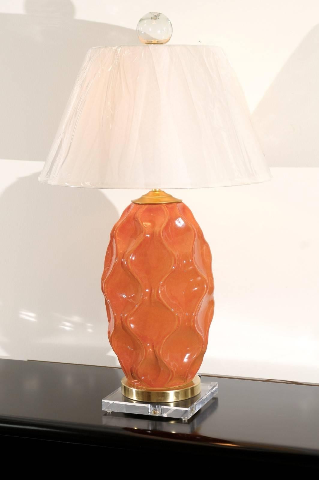 Dazzling Pair of Large-Scale Faceted Ceramic Lamps in Aged Orange For Sale 2