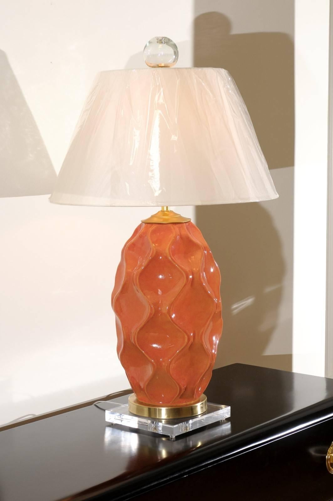 Dazzling Pair of Large-Scale Faceted Ceramic Lamps in Aged Orange For Sale 3
