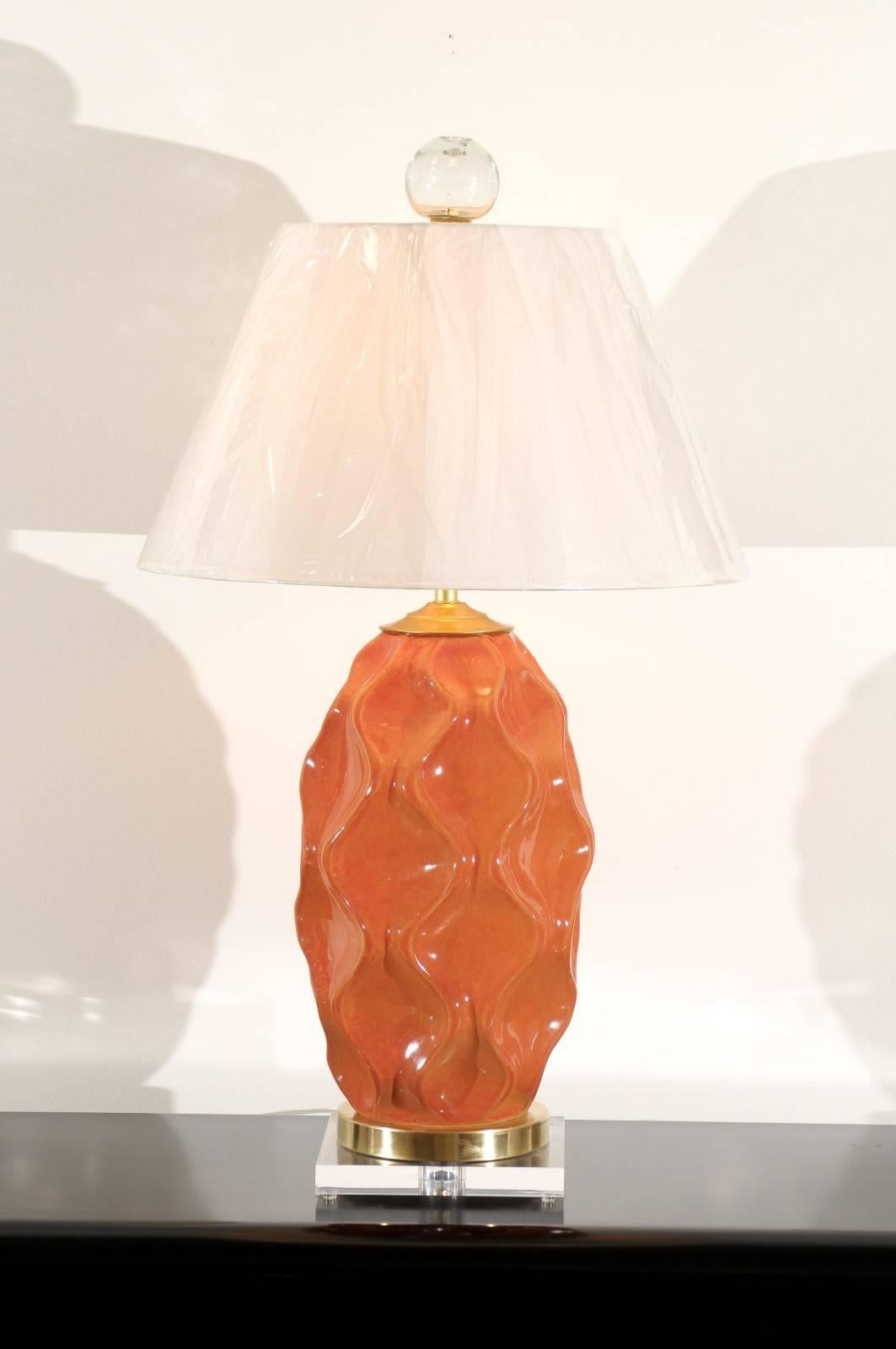 A chic pair of vintage faceted ceramic vessels as custom-made lamps. Fabulous form, shape, color and texture. Heavy, exceptionally crafted pieces using only the finest components. Exceptional jewelry! Excellent Restored Condition. Rewired using