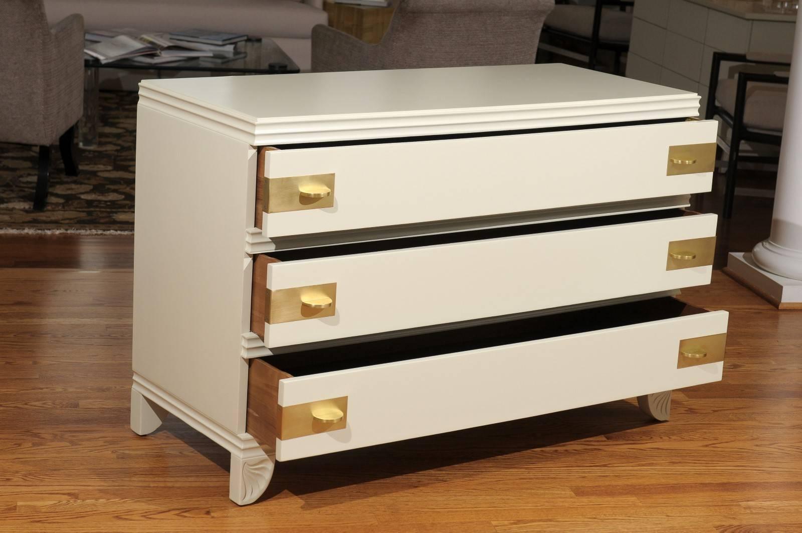 Mid-20th Century Gorgeous Restored Three-Drawer Chest by Widdicomb in Cream Lacquer For Sale