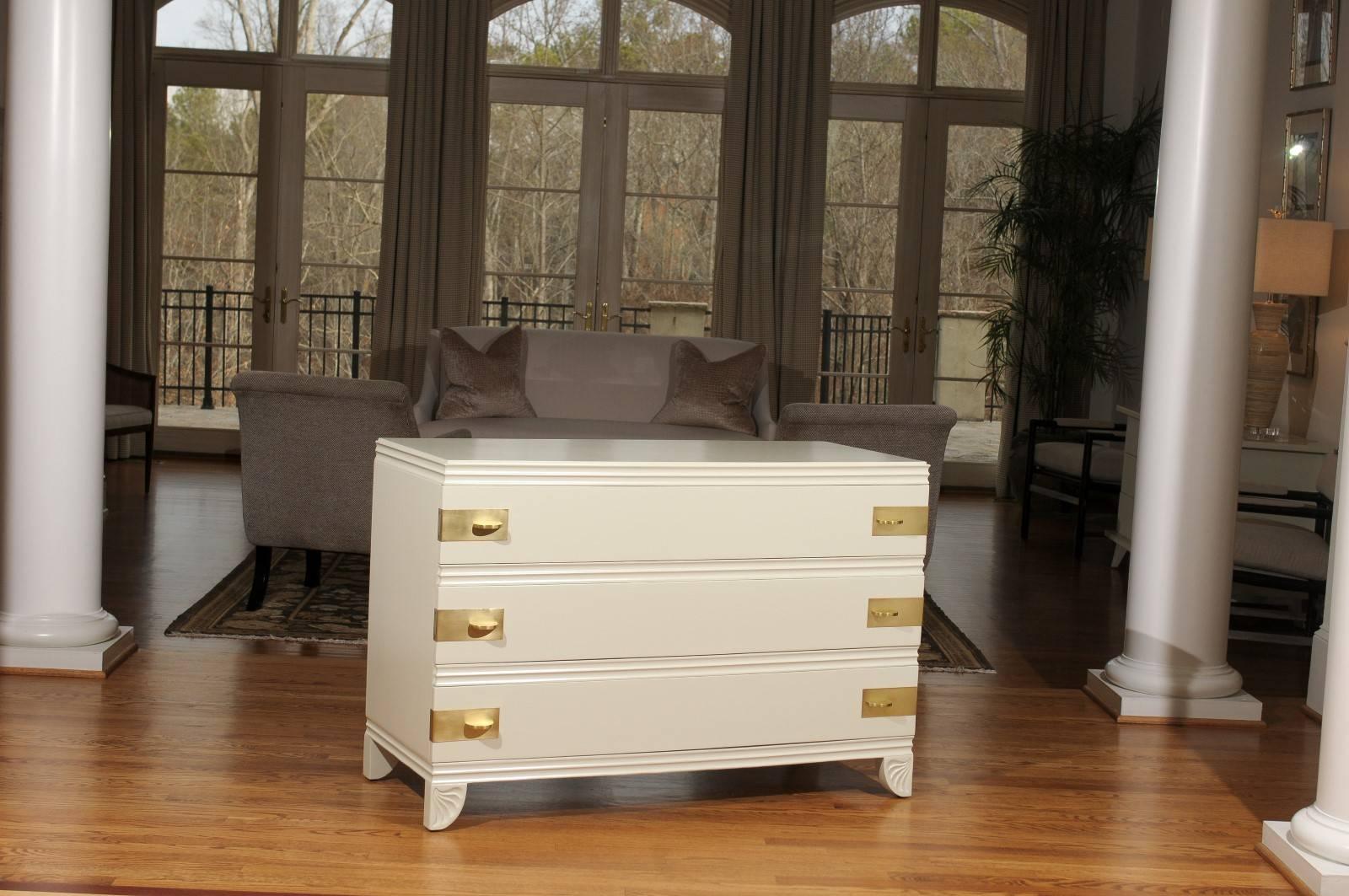 Art Deco Gorgeous Restored Three-Drawer Chest by Widdicomb in Cream Lacquer For Sale