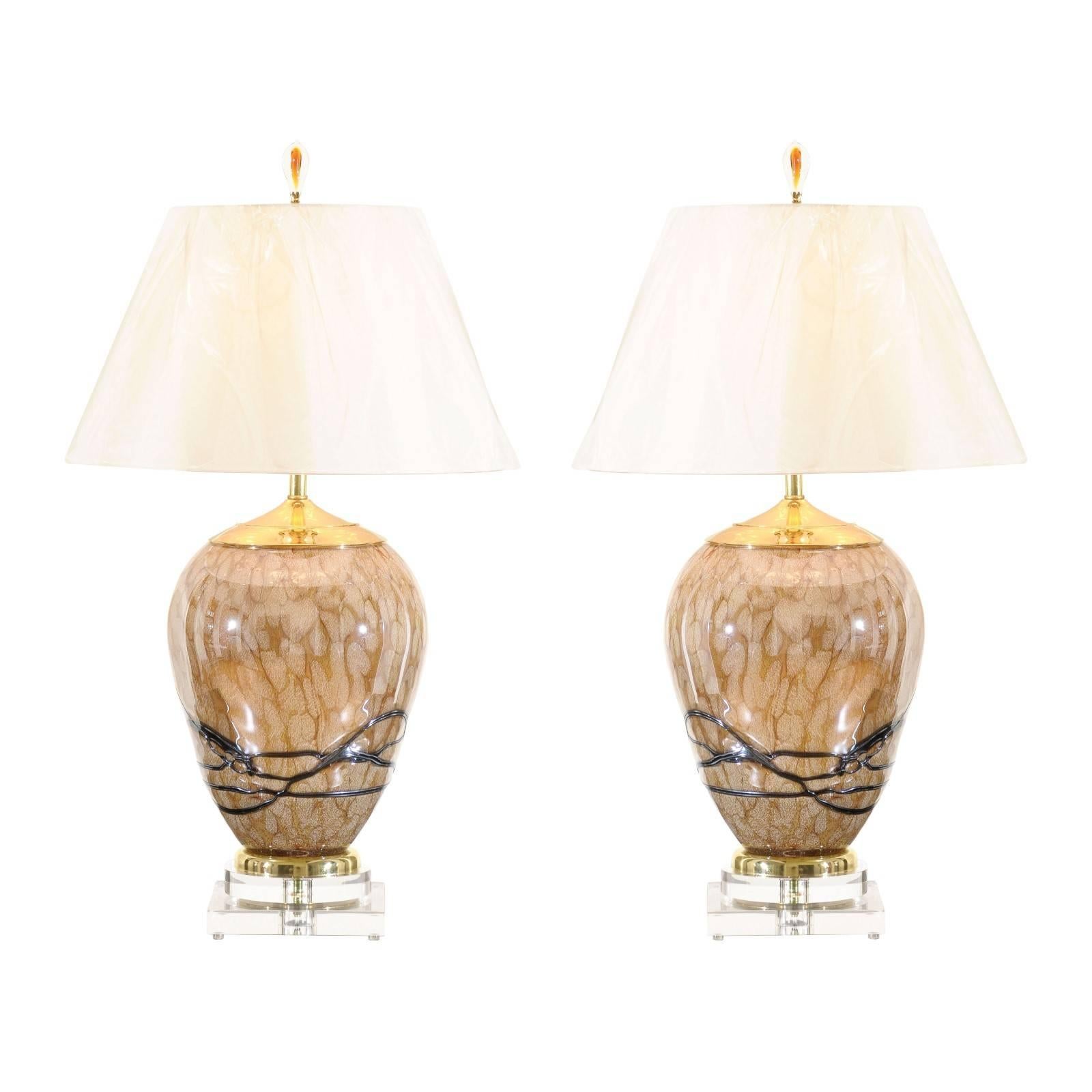 Extraordinary Pair of Polish Blown Glass Vessels as Custom Lamps For Sale