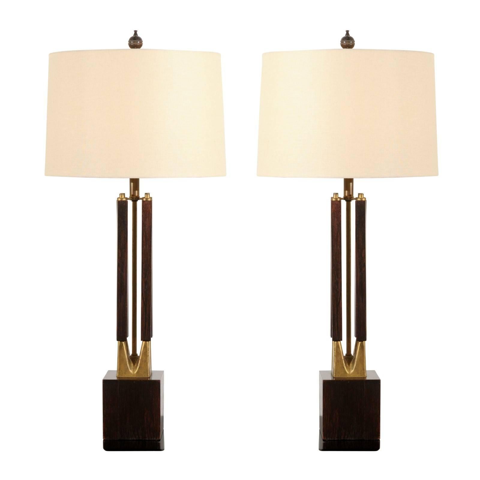 Dramatic Pair of Large-Scale Walnut and Brass Lamps by Laurel, circa 1970