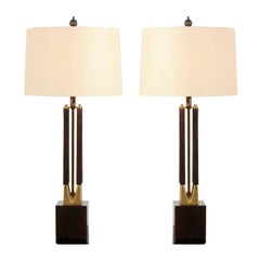 Used Dramatic Pair of Large-Scale Walnut and Brass Lamps by Laurel, circa 1970