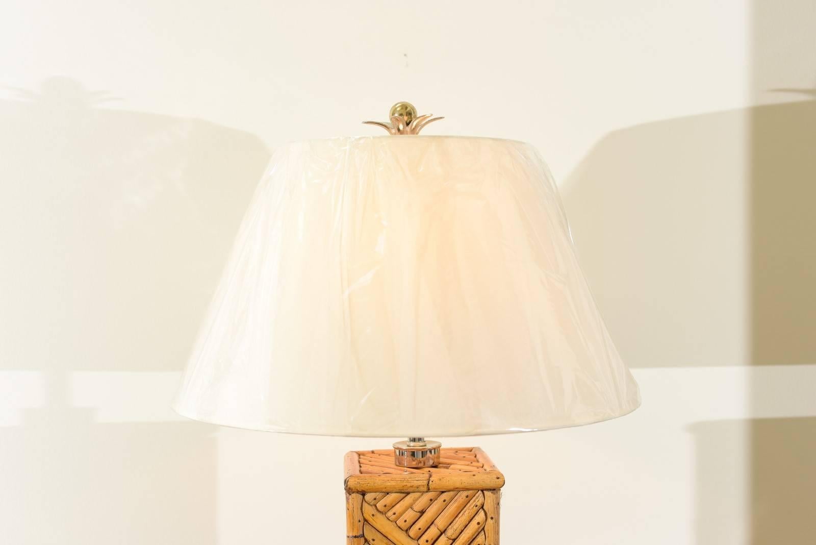 Unknown Dramatic Pair of Handmade Vintage Bamboo Lamps with Nickel and Lucite Accents For Sale