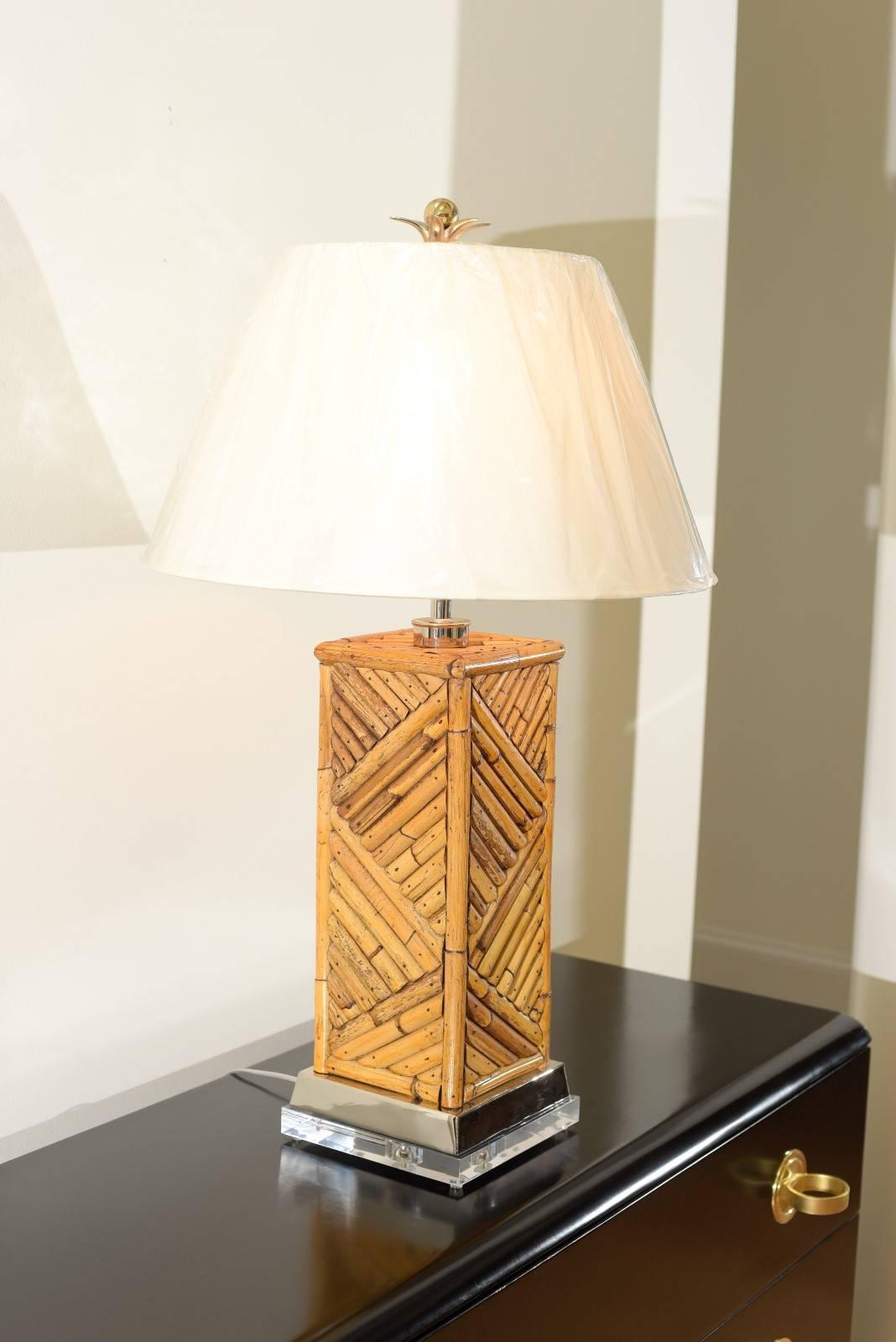 Dramatic Pair of Handmade Vintage Bamboo Lamps with Nickel and Lucite Accents For Sale 1