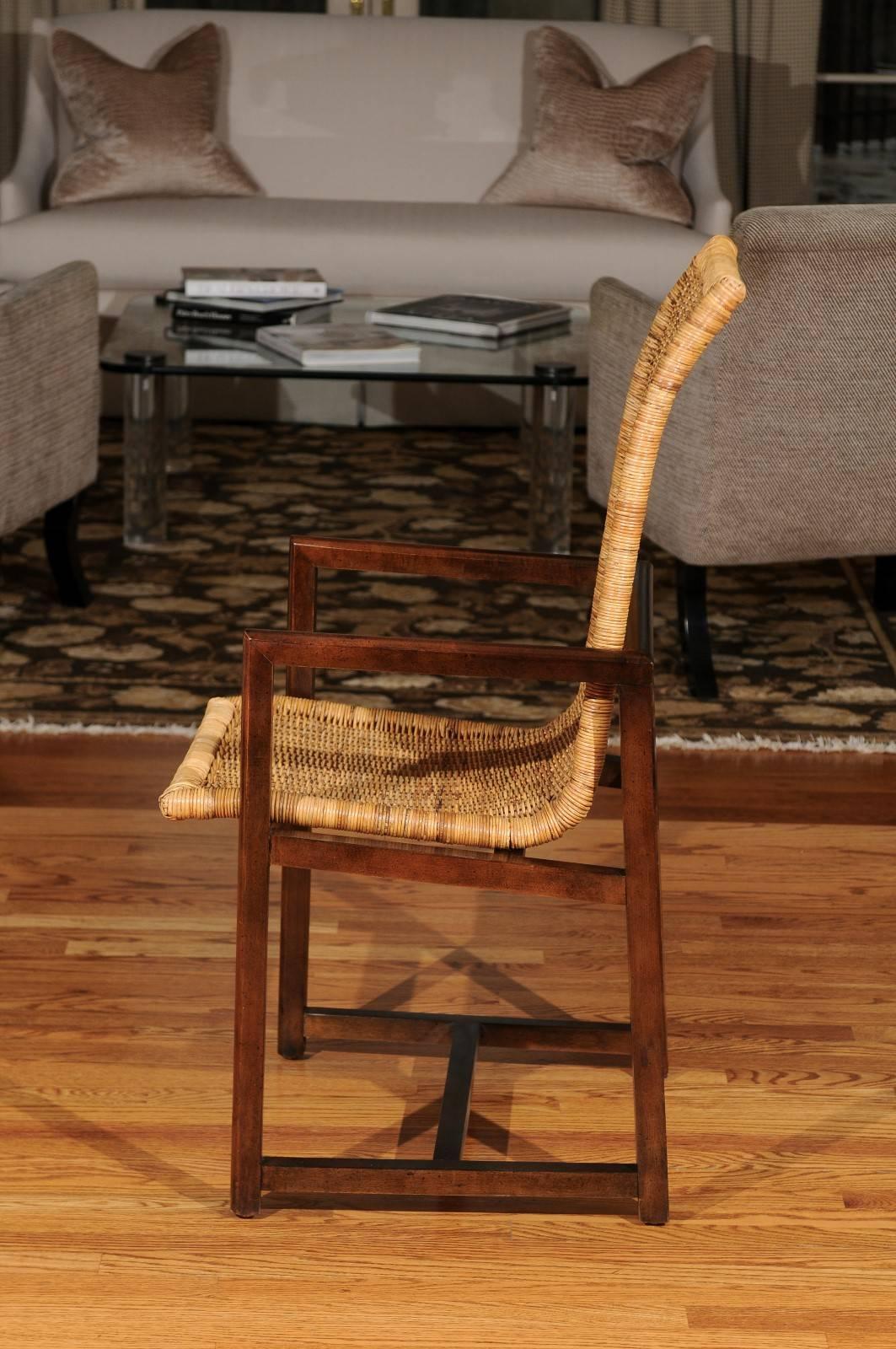 Stunning Set of Six Restored Vintage Wicker and Beech High-Back Dining Chairs For Sale 1