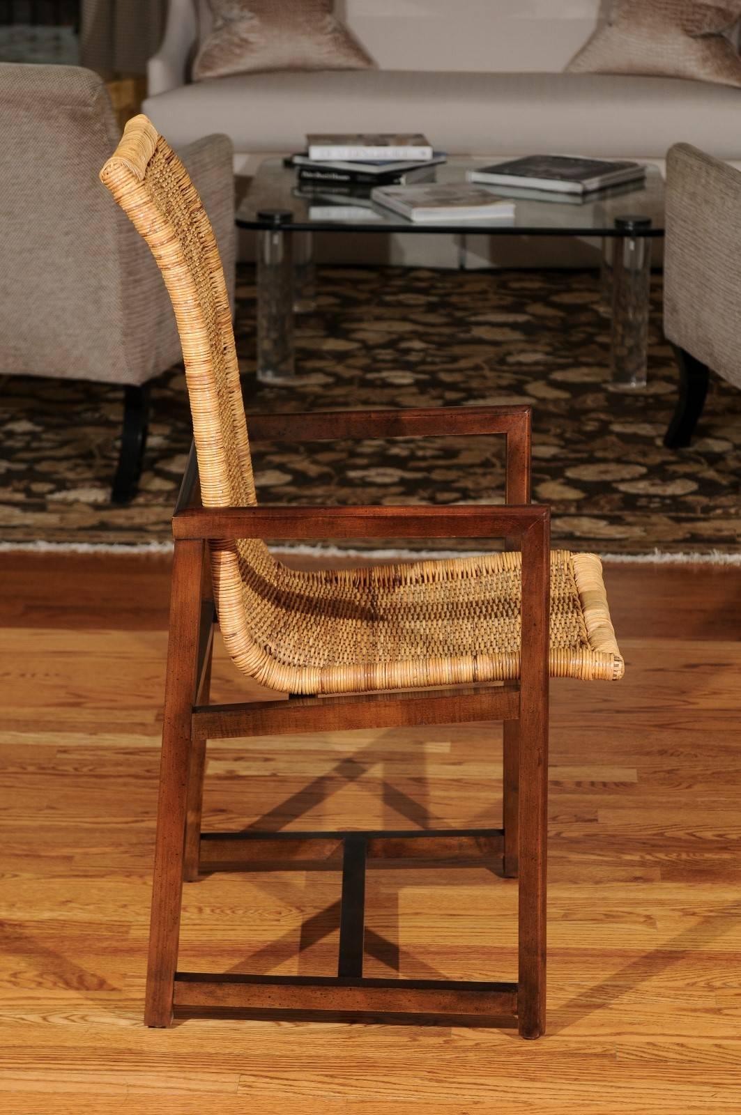 Stunning Set of Six Restored Vintage Wicker and Beech High-Back Dining Chairs For Sale 2
