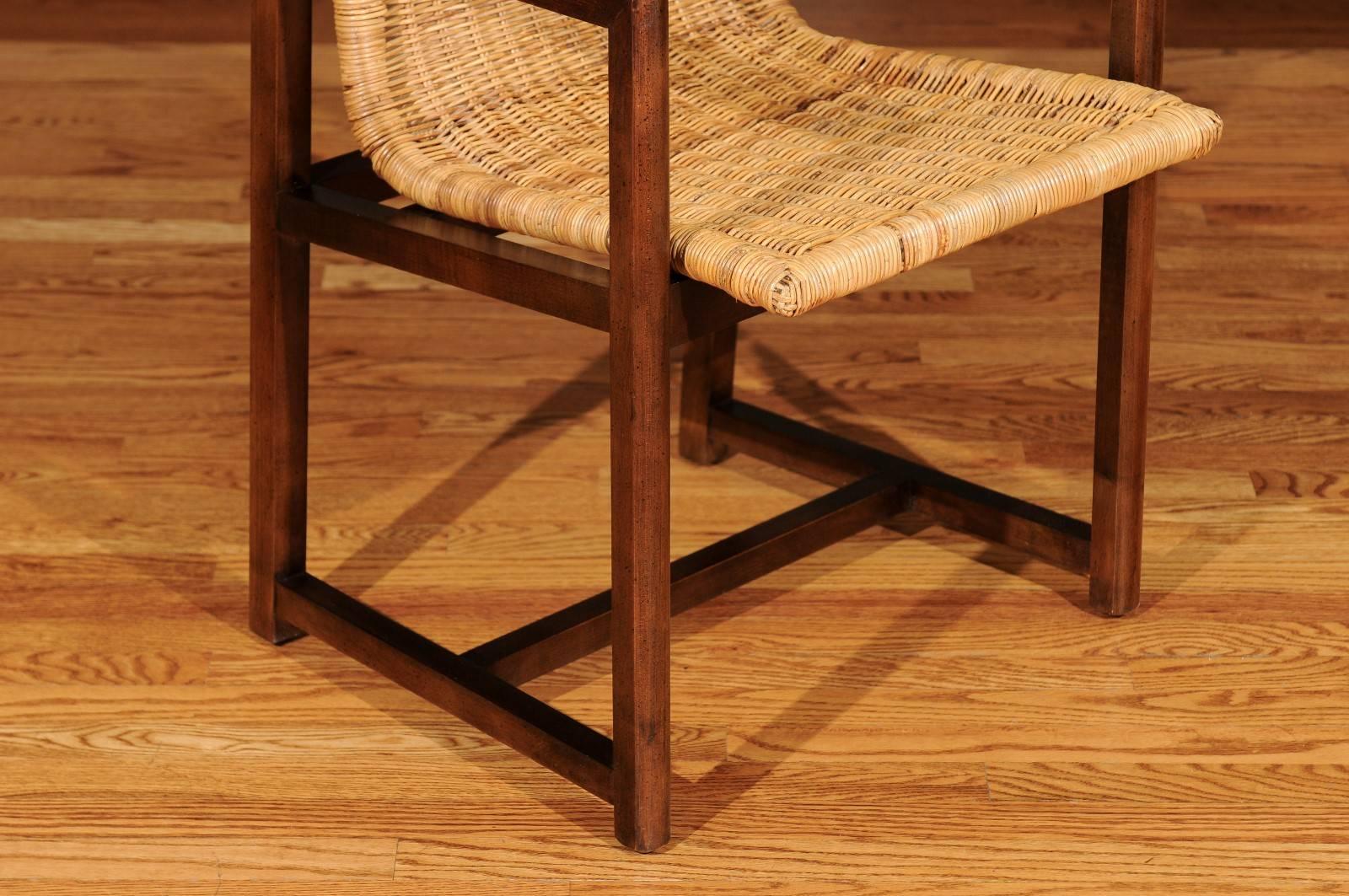 Stunning Set of Six Restored Vintage Wicker and Beech High-Back Dining Chairs In Excellent Condition For Sale In Atlanta, GA