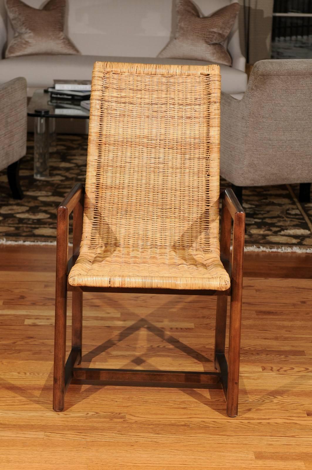 Mid-Century Modern Stunning Set of Six Restored Vintage Wicker and Beech High-Back Dining Chairs For Sale