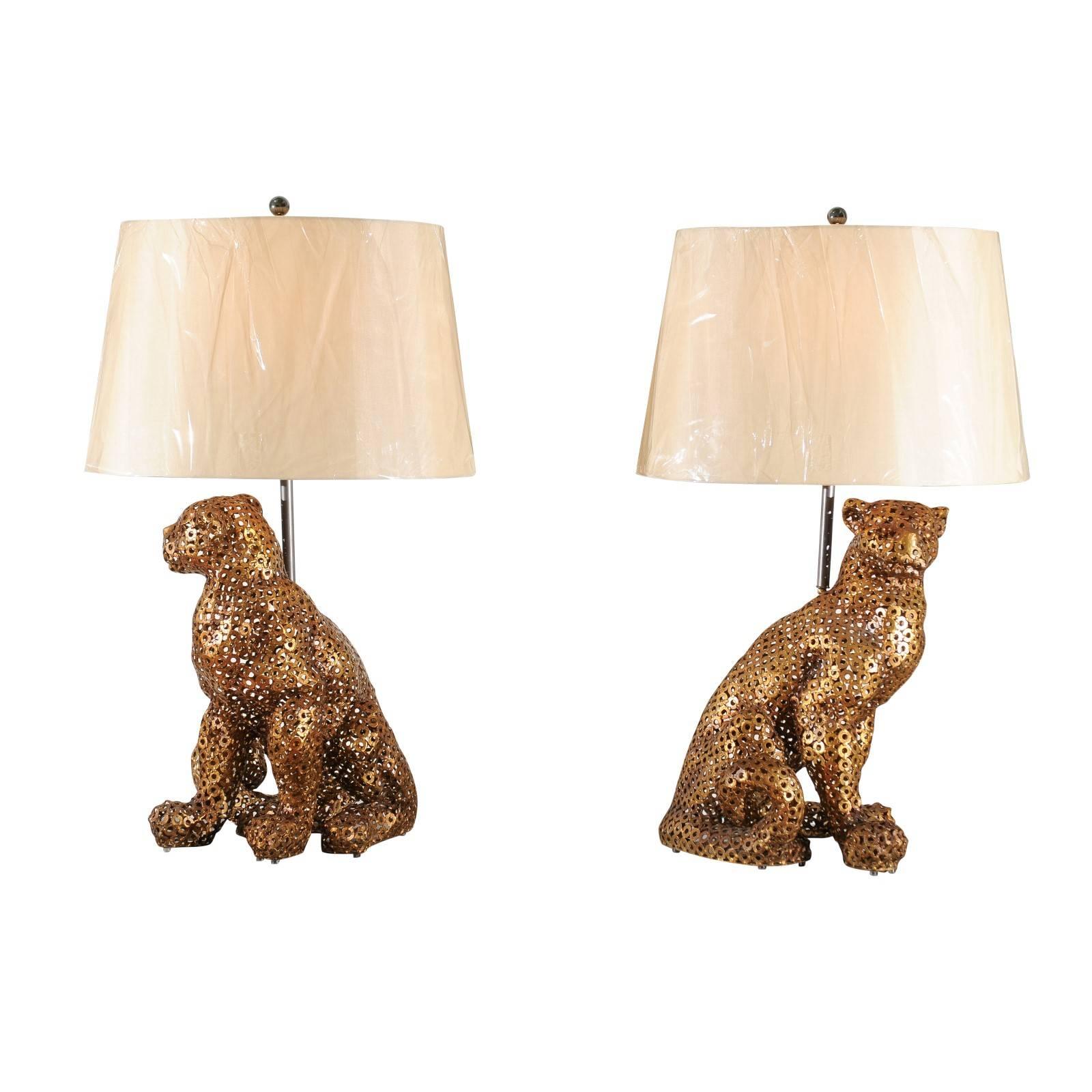 Astonishing Pair of Welded Steel Panthers as Custom Lamps For Sale