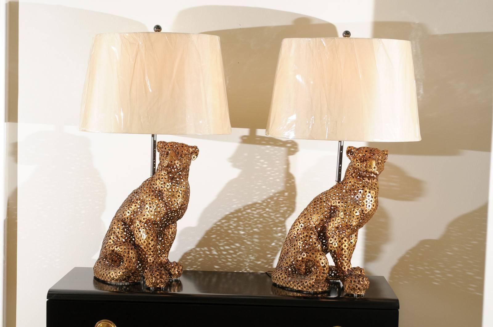 Late 20th Century Astonishing Pair of Welded Steel Panthers as Custom Lamps For Sale