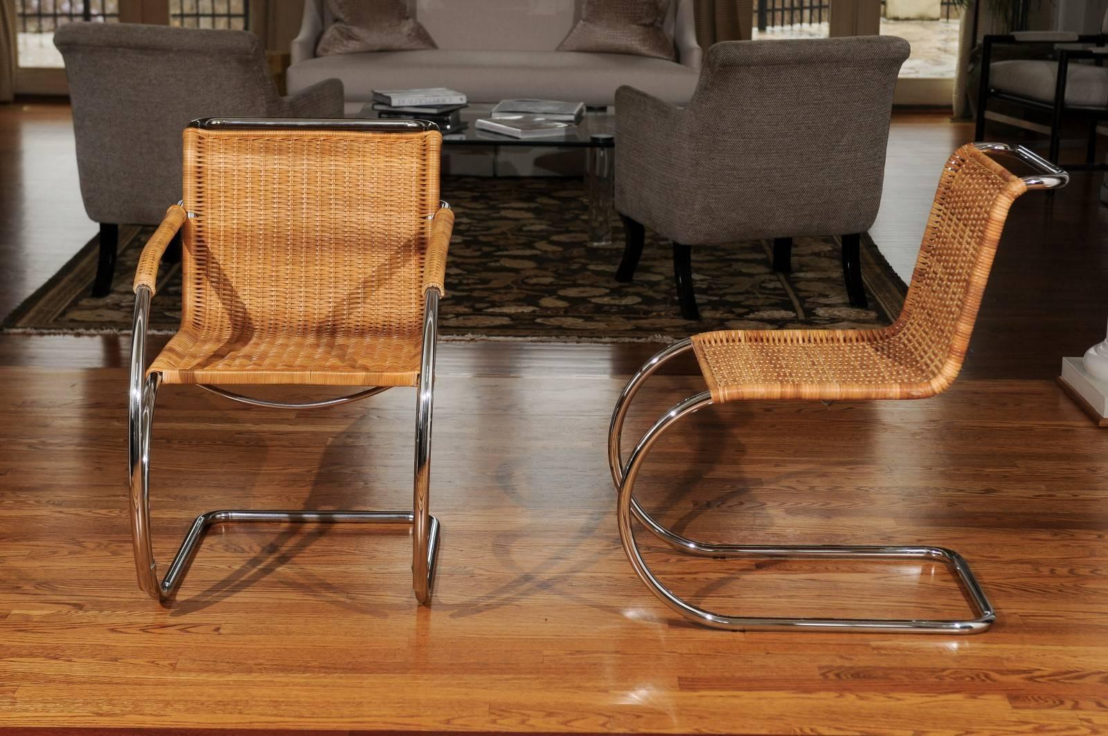Pristine Set of Eight Italian Wicker Chairs in the Style of Mies van der Rohe 1