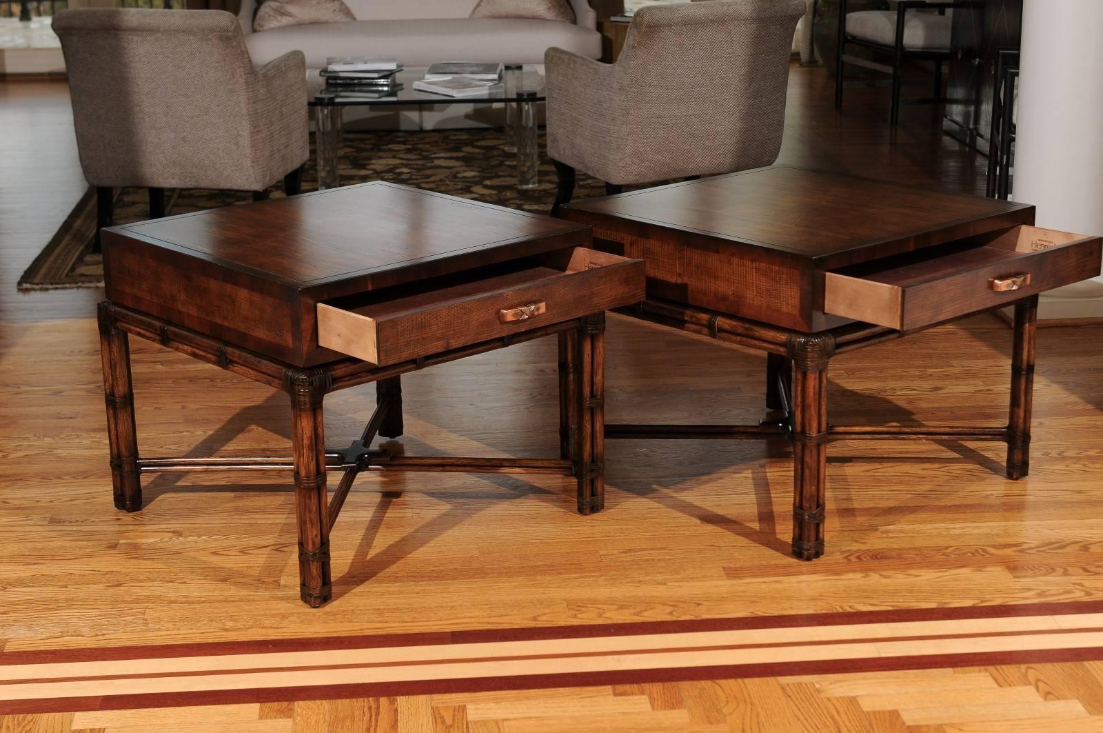 Late 20th Century Beautiful Restored Pair of Large-Scale Vintage Campaign End Tables by Henredon For Sale