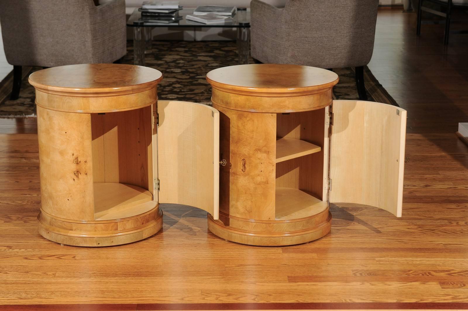 Ash Stunning Pair of Vintage Bookmatched Olivewood Drum Cabinets by Henredon