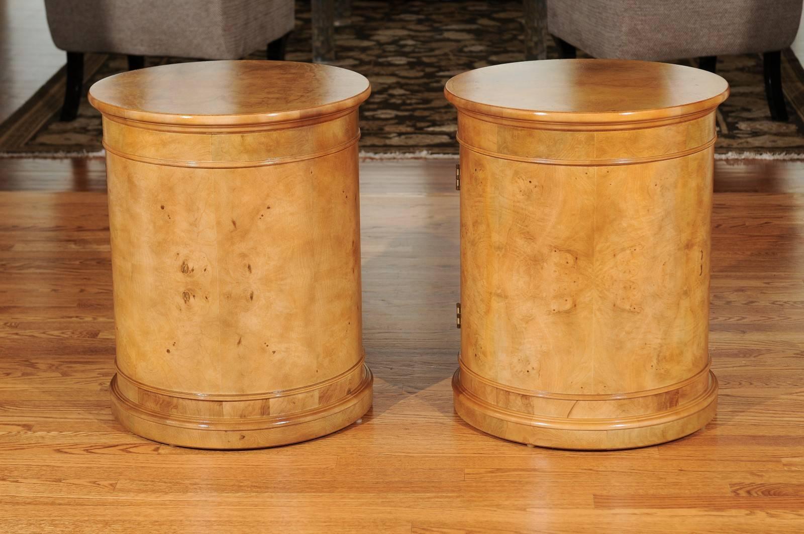 Stunning Pair of Vintage Bookmatched Olivewood Drum Cabinets by Henredon 1