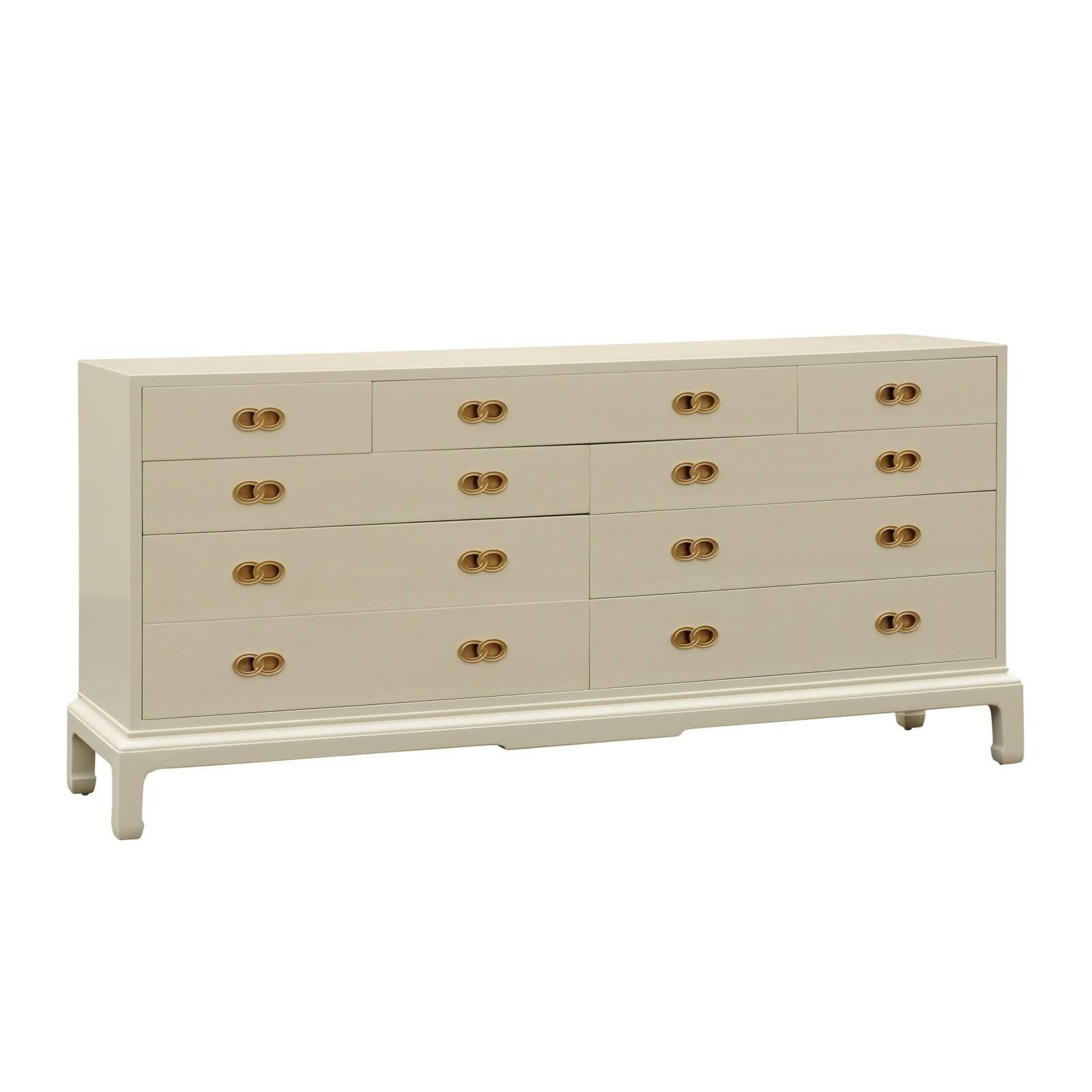 Stylish Restored Ten-Drawer Mahogany Chest by Henredon in Cream Lacquer