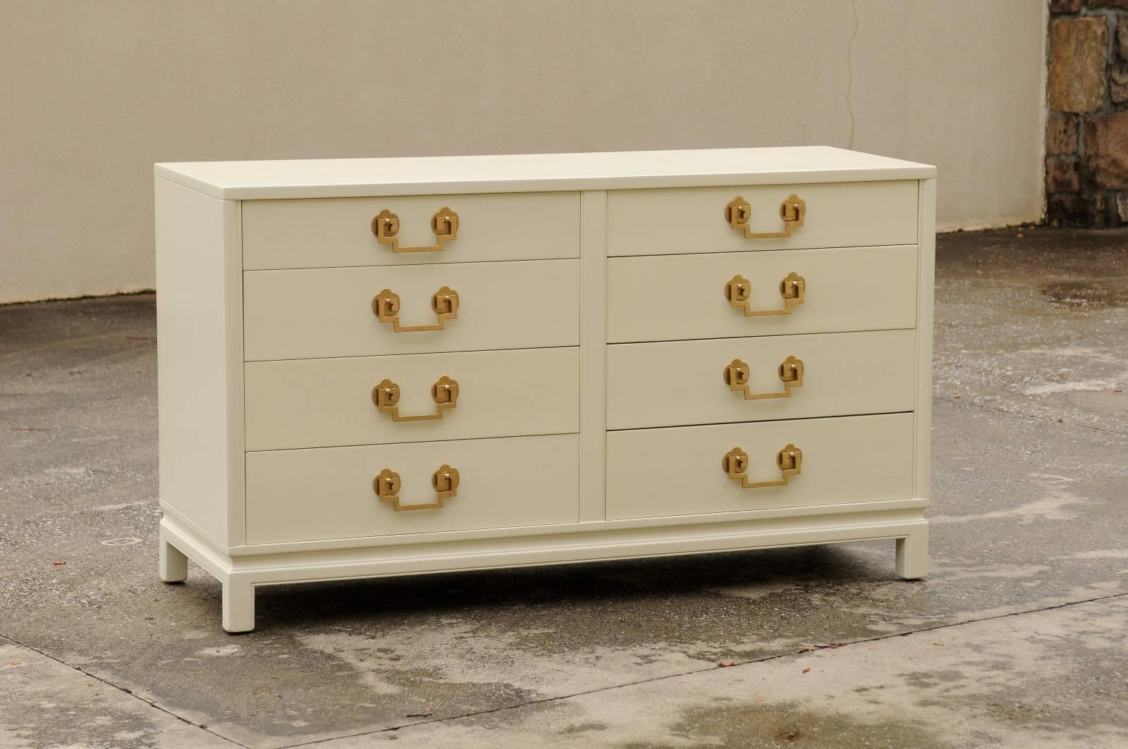 An absolutely gorgeous eight-drawer chest by Landstrom Furniture, circa 1950. Landstrom was a boutique Illinois firm that produced superior furniture on par with the finest production of the era, including Widdicomb and Baker. Expertly crafted