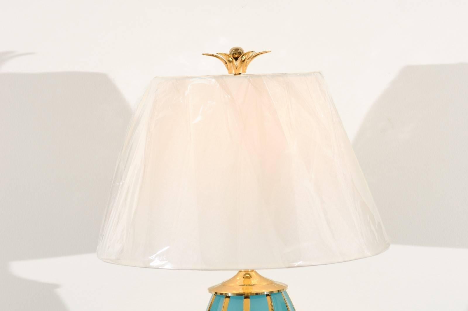Inconnu Paire de lampes en céramique personnalisées en turquoise et or en vente