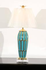 Striking Pair of Custom Ceramic Lamps in Turquoise and Gold
