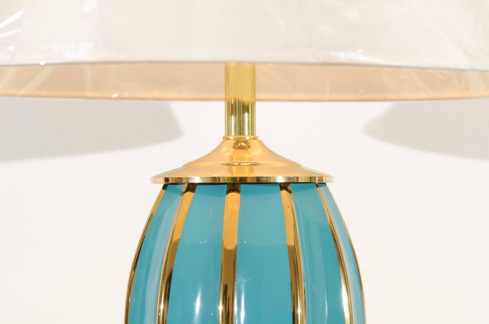 Modern Striking Pair of Custom Ceramic Lamps in Turquoise and Gold For Sale