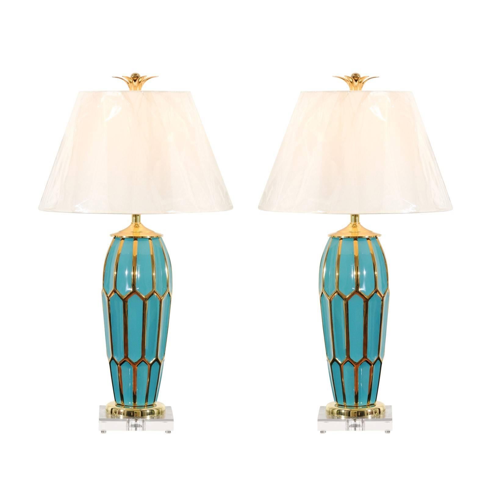Striking Pair of Custom Ceramic Lamps in Turquoise and Gold For Sale