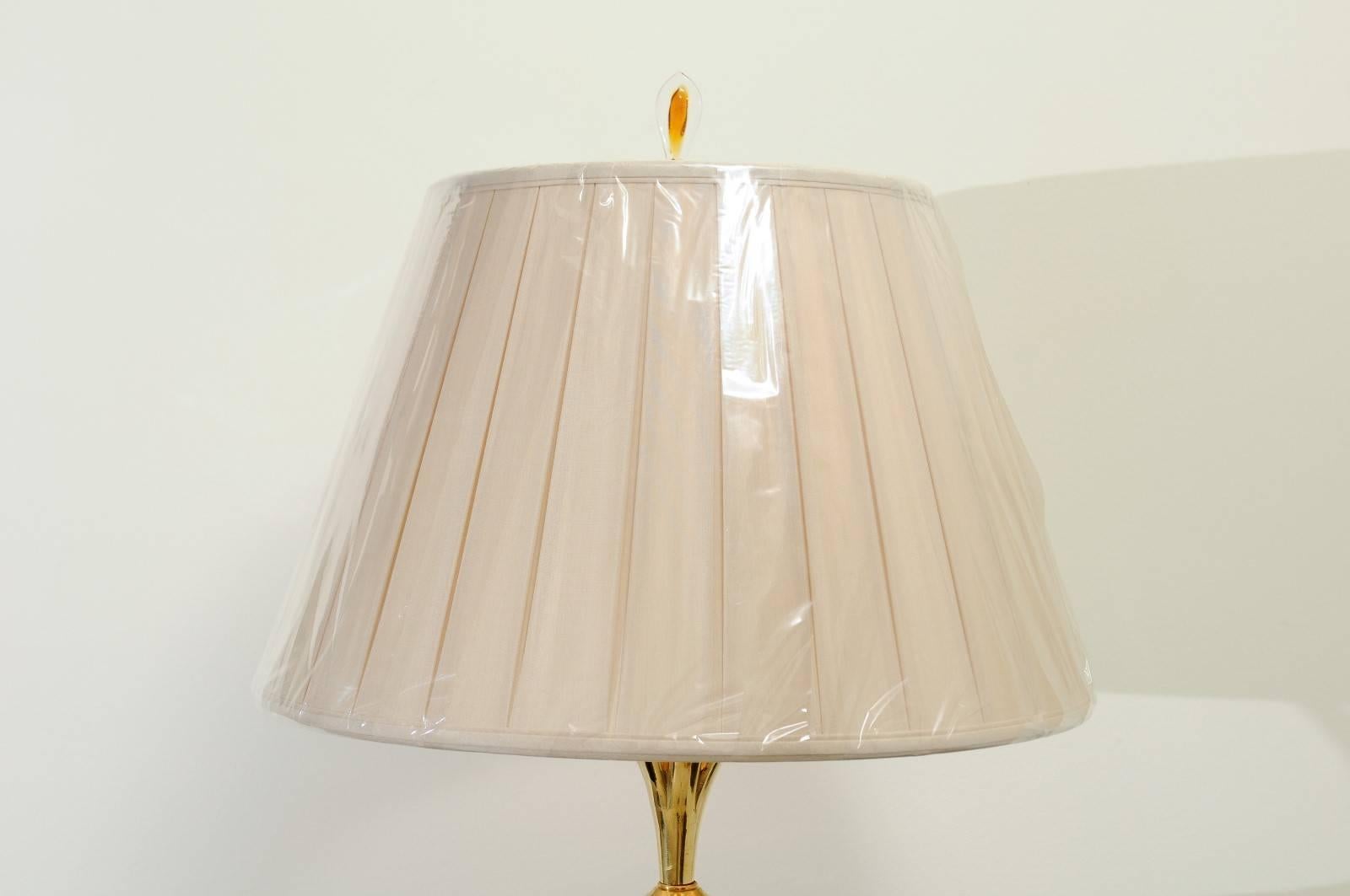 Mid-Century Modern Sophisticated Pair of Custom-Made Murano Lamps with Silk Box Pleat Shades For Sale