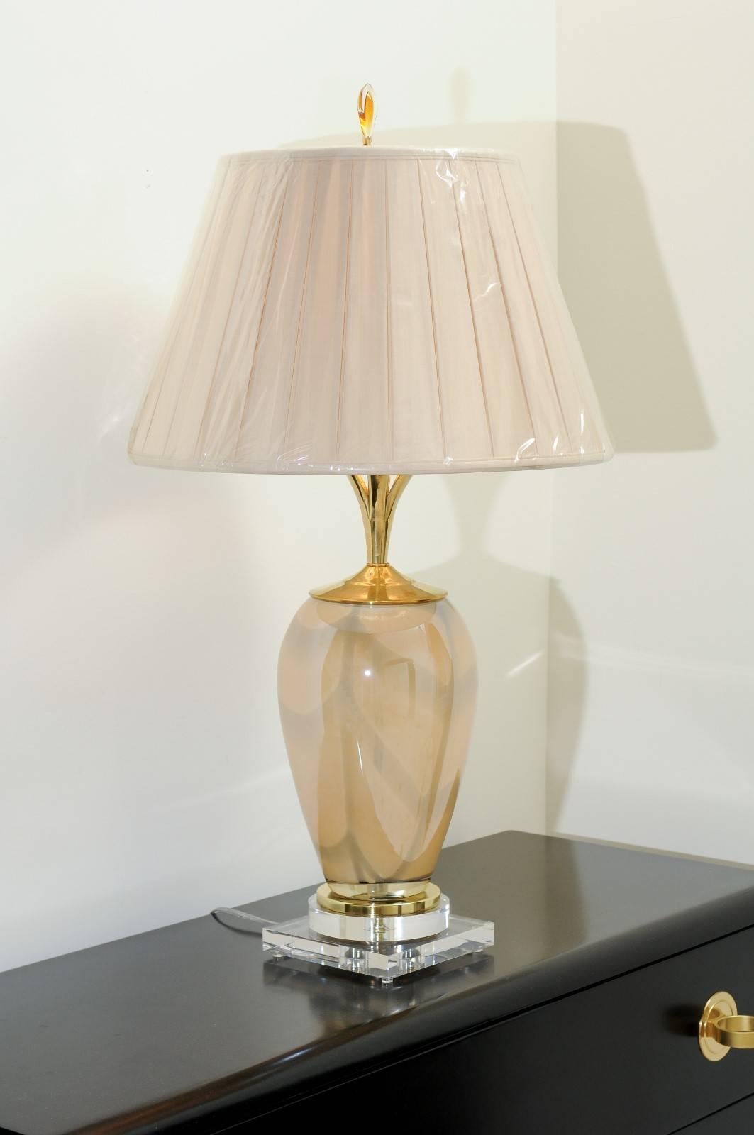 Sophisticated Pair of Custom-Made Murano Lamps with Silk Box Pleat Shades In Excellent Condition For Sale In Atlanta, GA