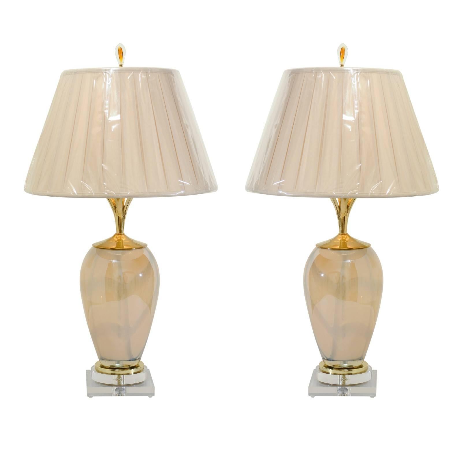 Sophisticated Pair of Custom-Made Murano Lamps with Silk Box Pleat Shades