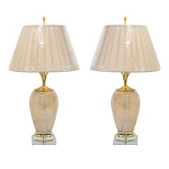 Sophisticated Pair of Custom-Made Murano Lamps with Silk Box Pleat Shades