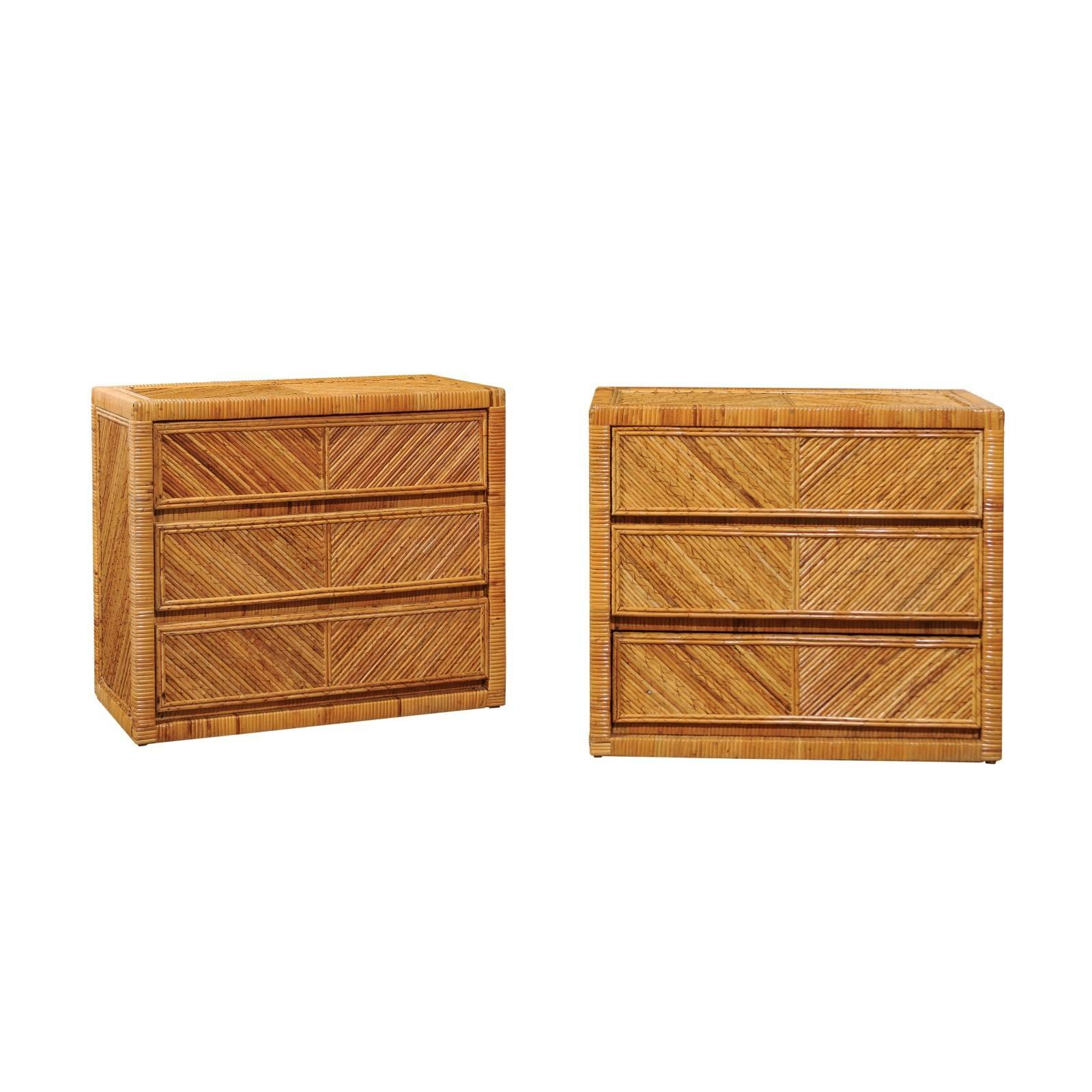 Incredible Pair of Restored Vintage Cane and Reed Bamboo Small Chests