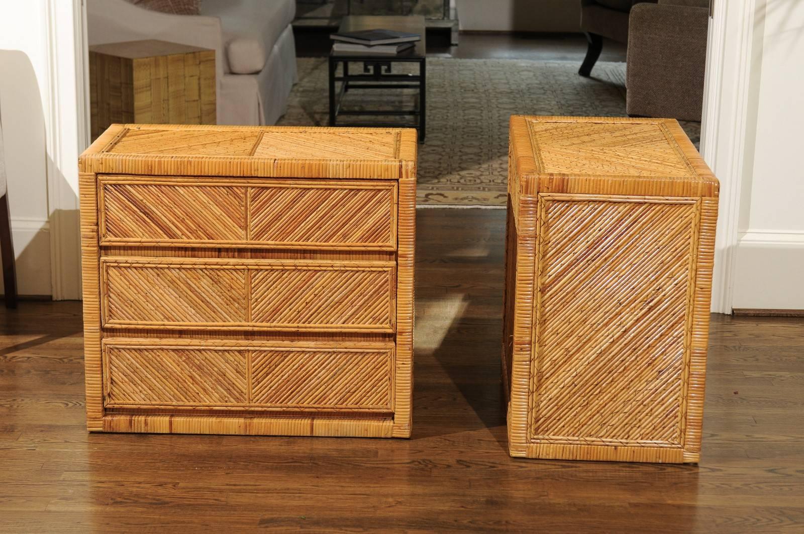 Incredible Pair of Restored Vintage Cane and Reed Bamboo Small Chests 1