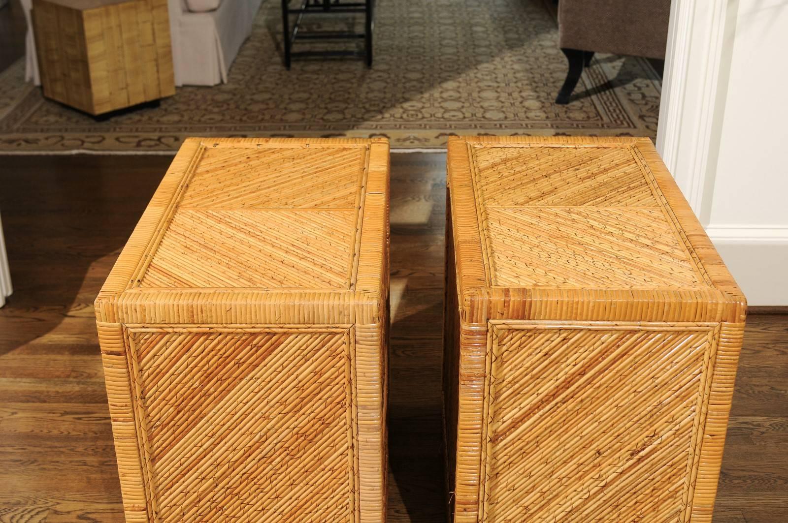 Incredible Pair of Restored Vintage Cane and Reed Bamboo Small Chests 2