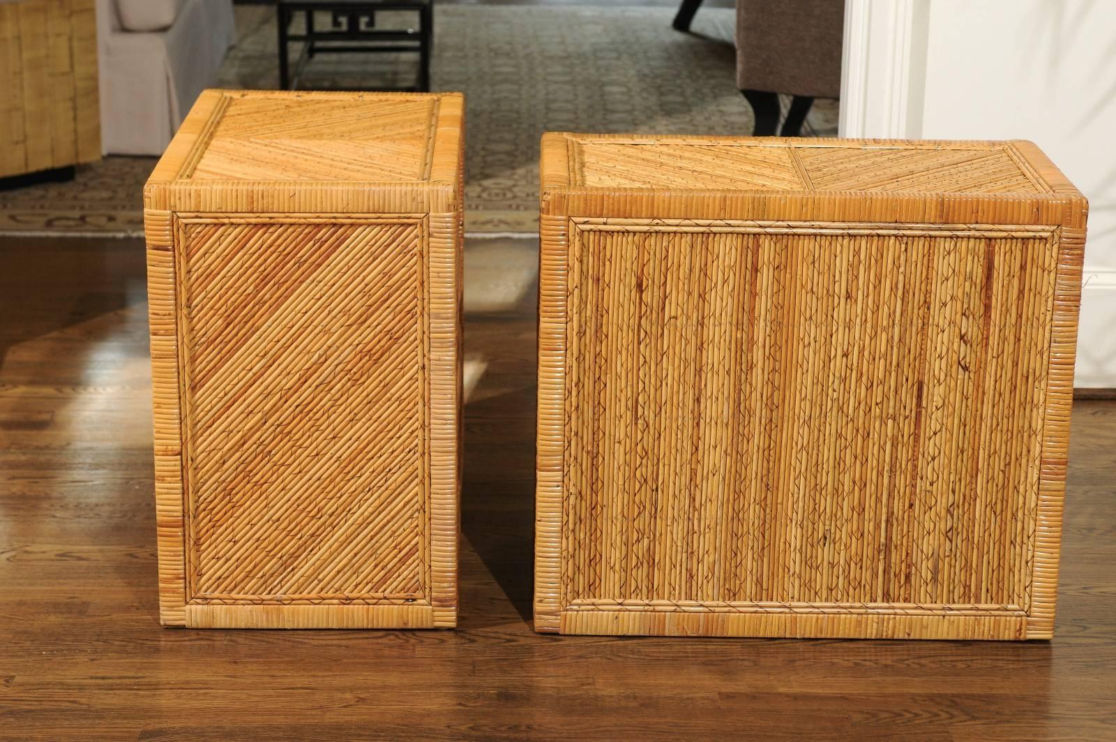 Incredible Pair of Restored Vintage Cane and Reed Bamboo Small Chests 3